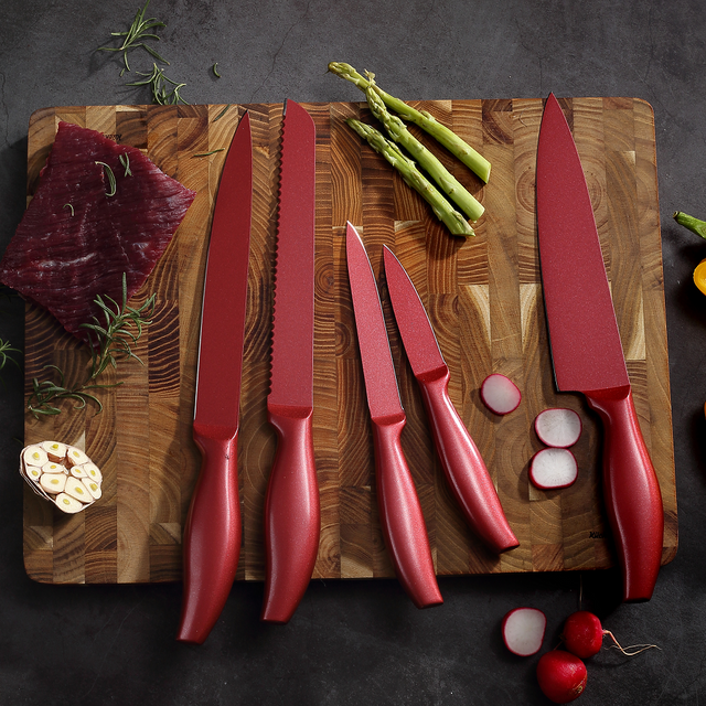 Сет кухињских ножева од 5 комада са црвеним шупљим ручкама од нерђајућег челика и титанијумским премазом